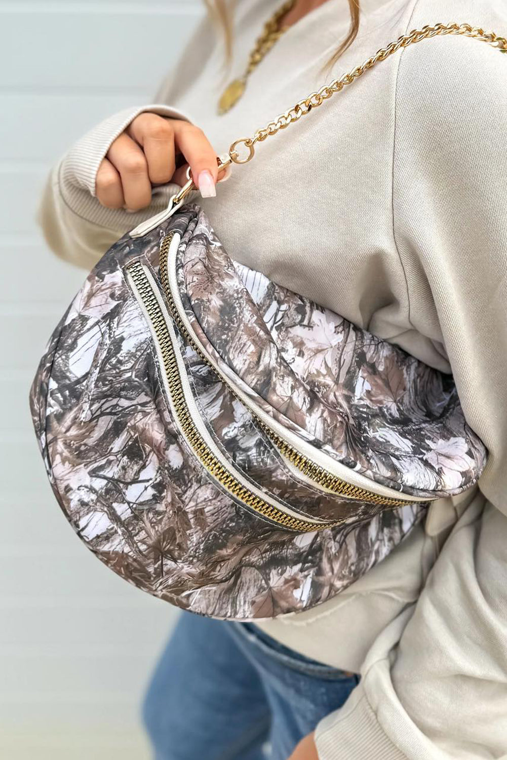 Medium Grey Abstract Marble Print Gold Chain Crossbody Bag