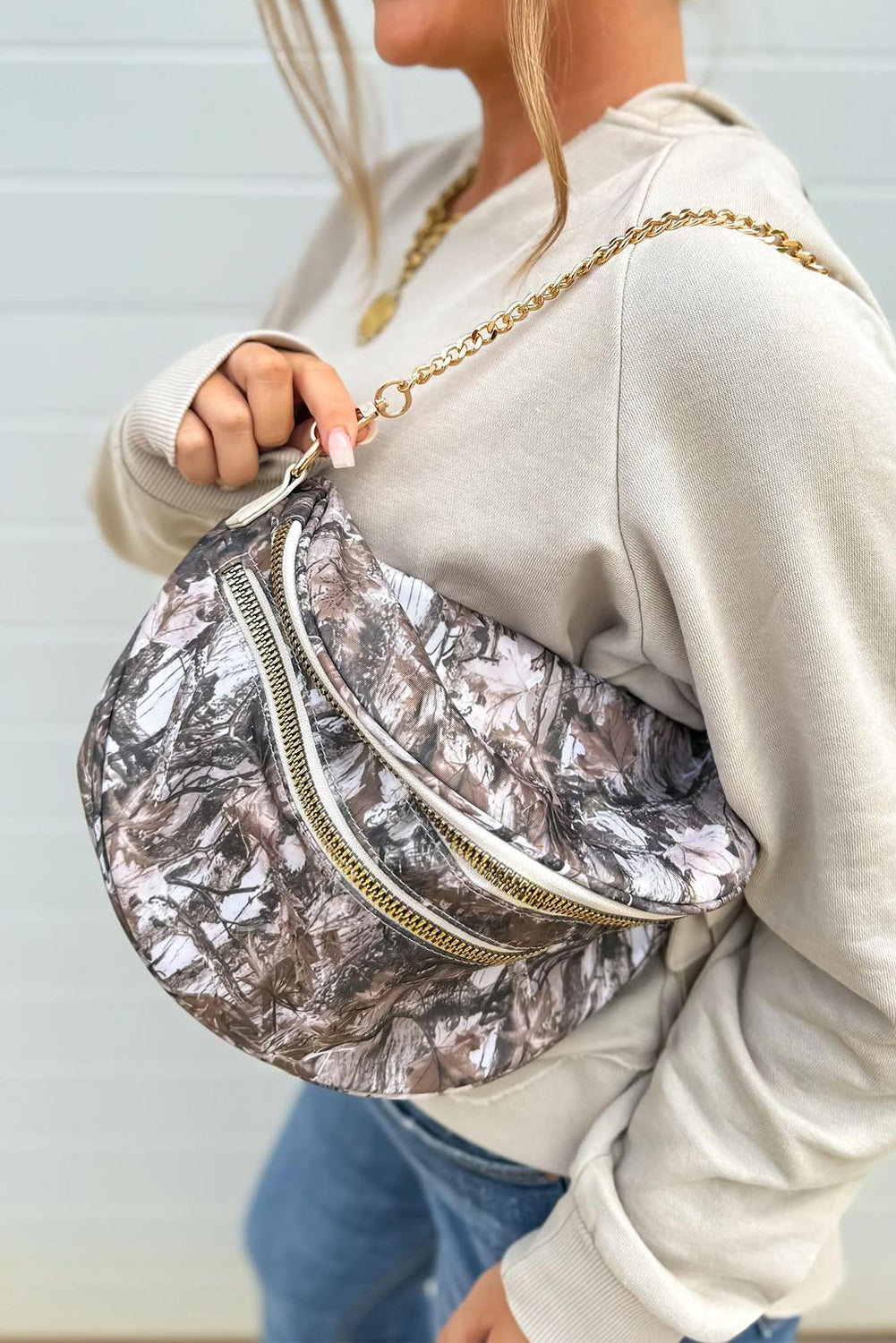 Medium Grey Abstract Marble Print Gold Chain Crossbody Bag