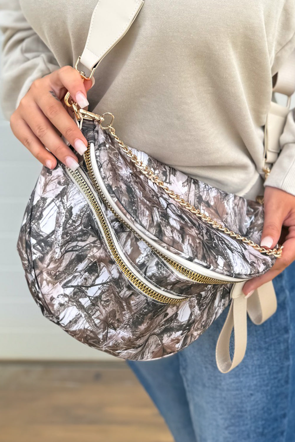Medium Grey Abstract Marble Print Gold Chain Crossbody Bag